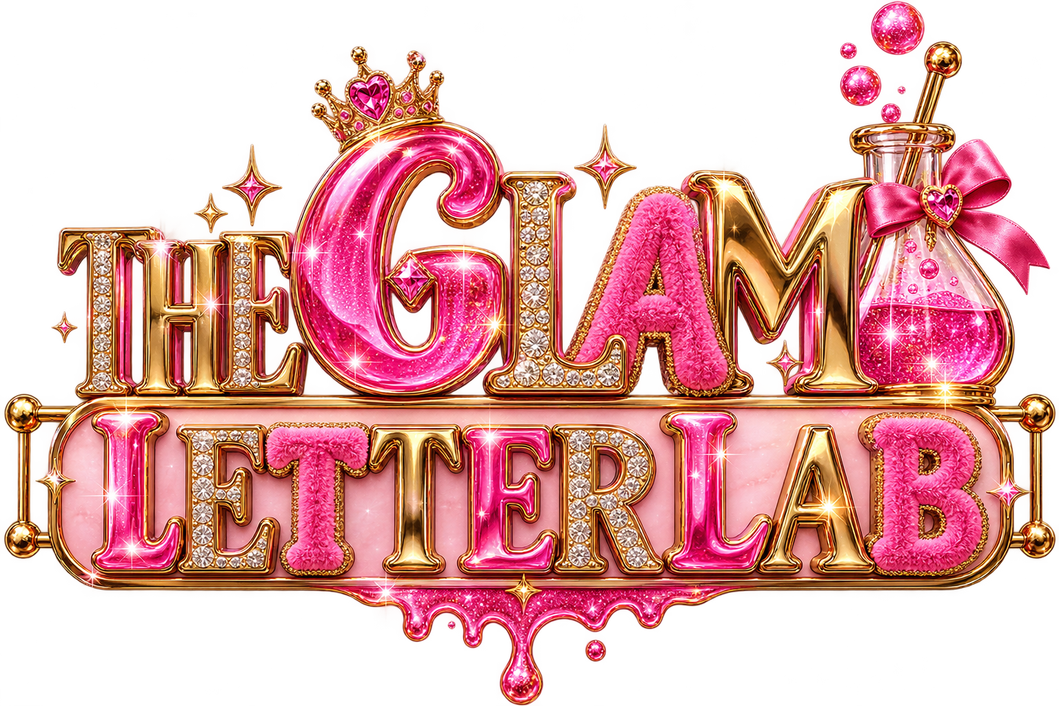 The Glam Letter Lab logo in pink and gold with textured lettering and a sparkling laboratory flask